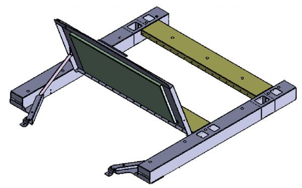 3D model of the frame with the electronics panel tilted up on its diagonal support strut