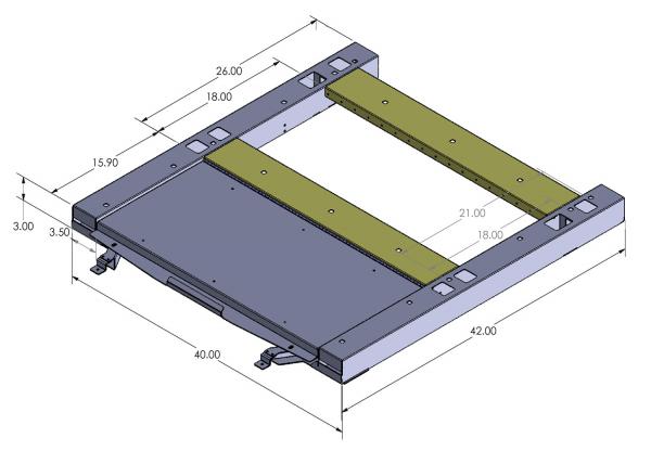 Dimensioned drawing of the frame, 42.00 by 40.00 overall with the panel laid flat and 3.00 rail height