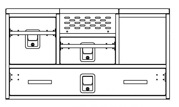 Front elevation of the cabinet showing three locking drawer latches and a vented centre panel