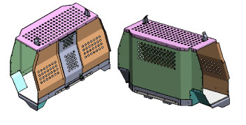 CAD model of the custom-built cage shown from both sides with vented roof and side access door