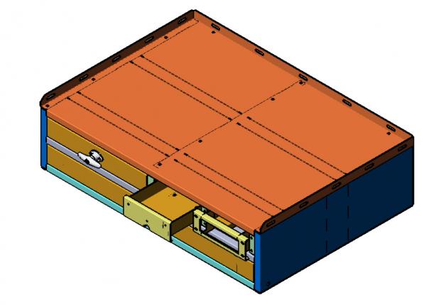 Drawer partly extended, showing the pencil box tray tucked beside it under the panelled top