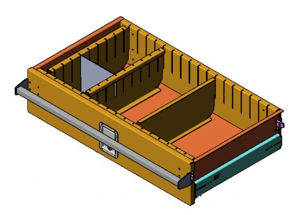Bottom drawer of the storage cabinet pulled open, showing adjustable dividers and flush-mount latch