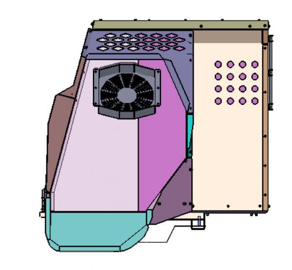 Side profile with a large ventilation fan mounted high and rows of round vent holes on the panel
