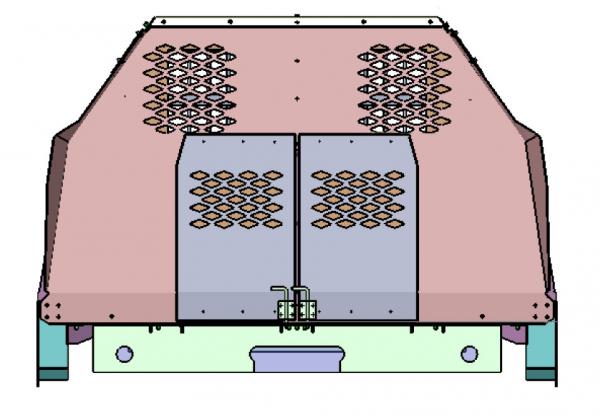 Rear elevation of the kennel showing two diamond-vented dog doors meeting at a centre latch