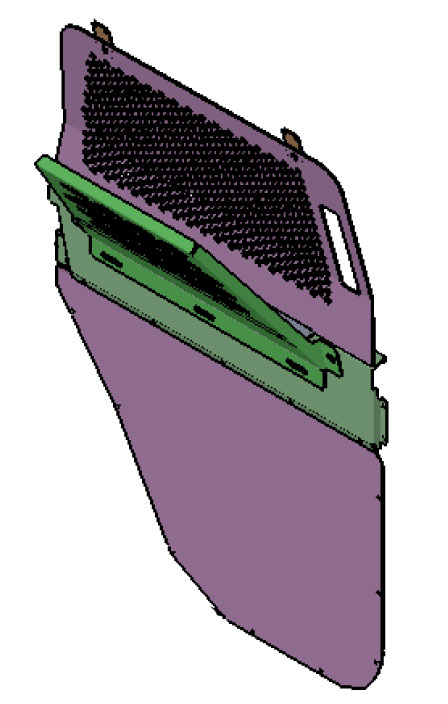 Front sliding door skin on its own, mesh window insert with the slide rail and hand slot along the edge