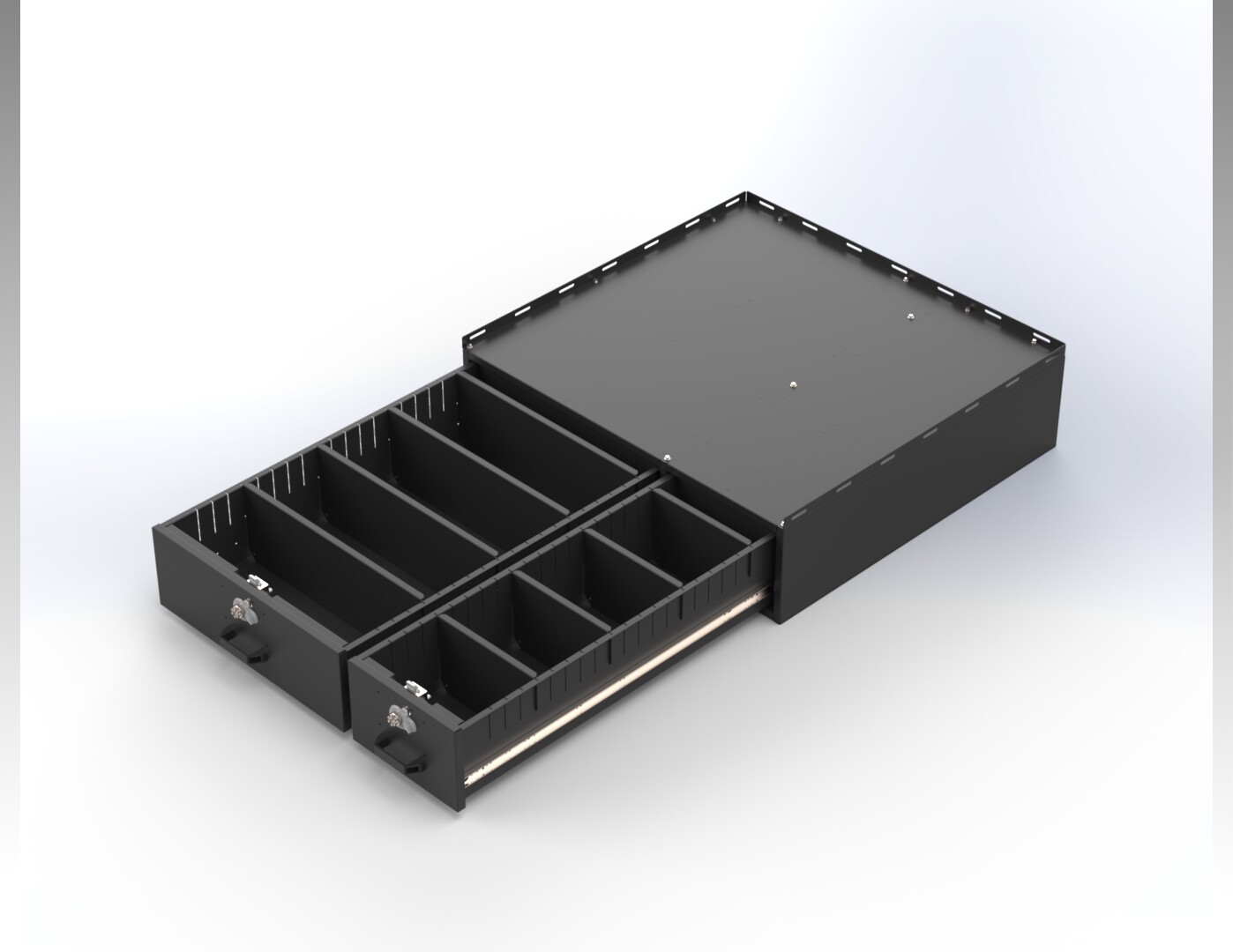 Both Transit cabinet drawers pulled out on full-length slides, showing divided compartments