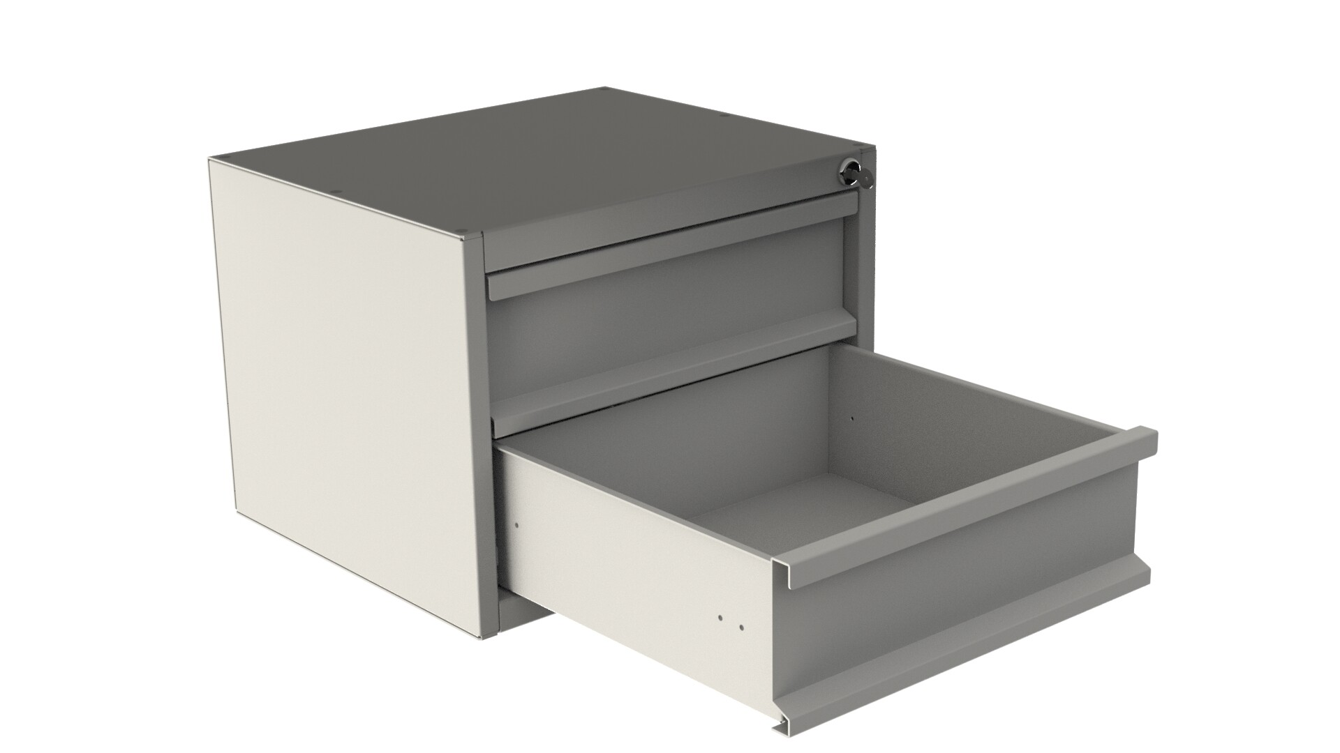Lower drawer pulled open on the two-drawer cabinet, showing the empty tray and full-width pull lip
