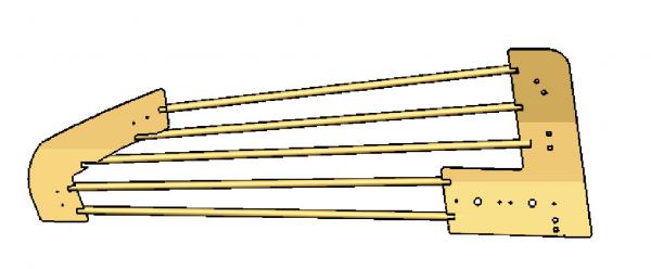 CAD render of the bare assembly, five horizontal tubes running between two shaped end plates