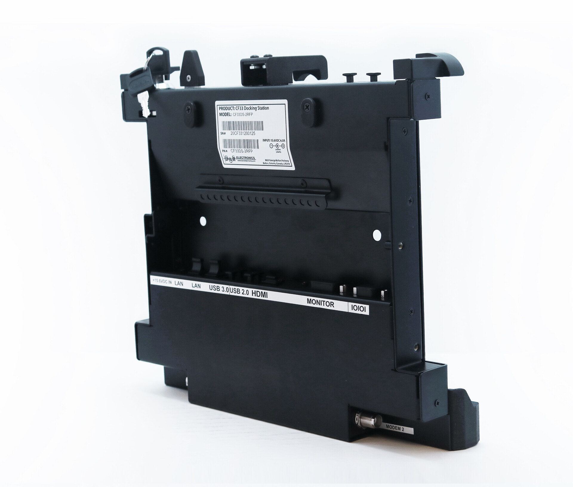 Rear three-quarter view with the spec label and the port row marked LAN, USB 3.0, USB 2.0 and HDMI