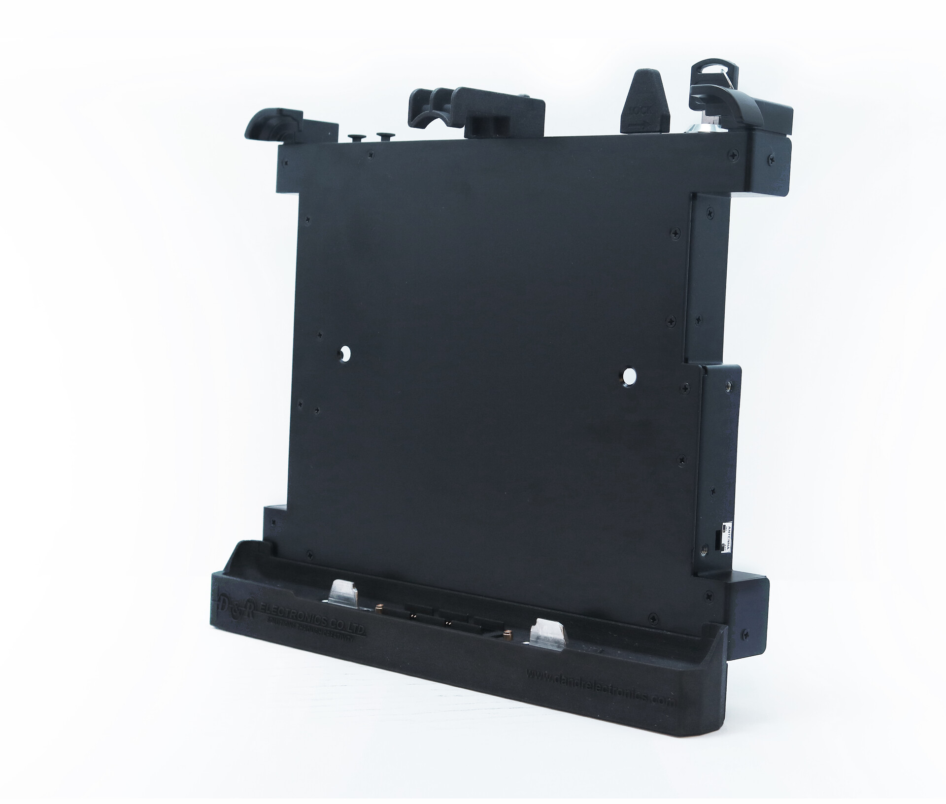 Front three-quarter from the right, tablet plate with adjustable clamps above the connector base