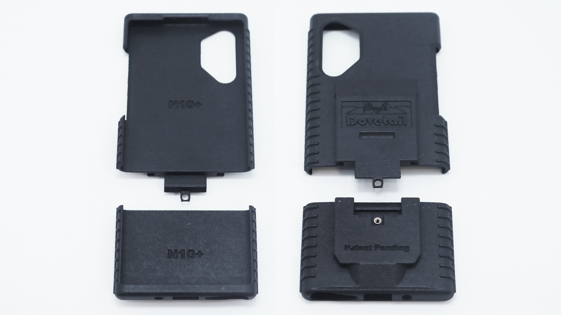 Both Note10+ shells with their lower N10+ caps detached, back of the outer piece marked Patent Pending