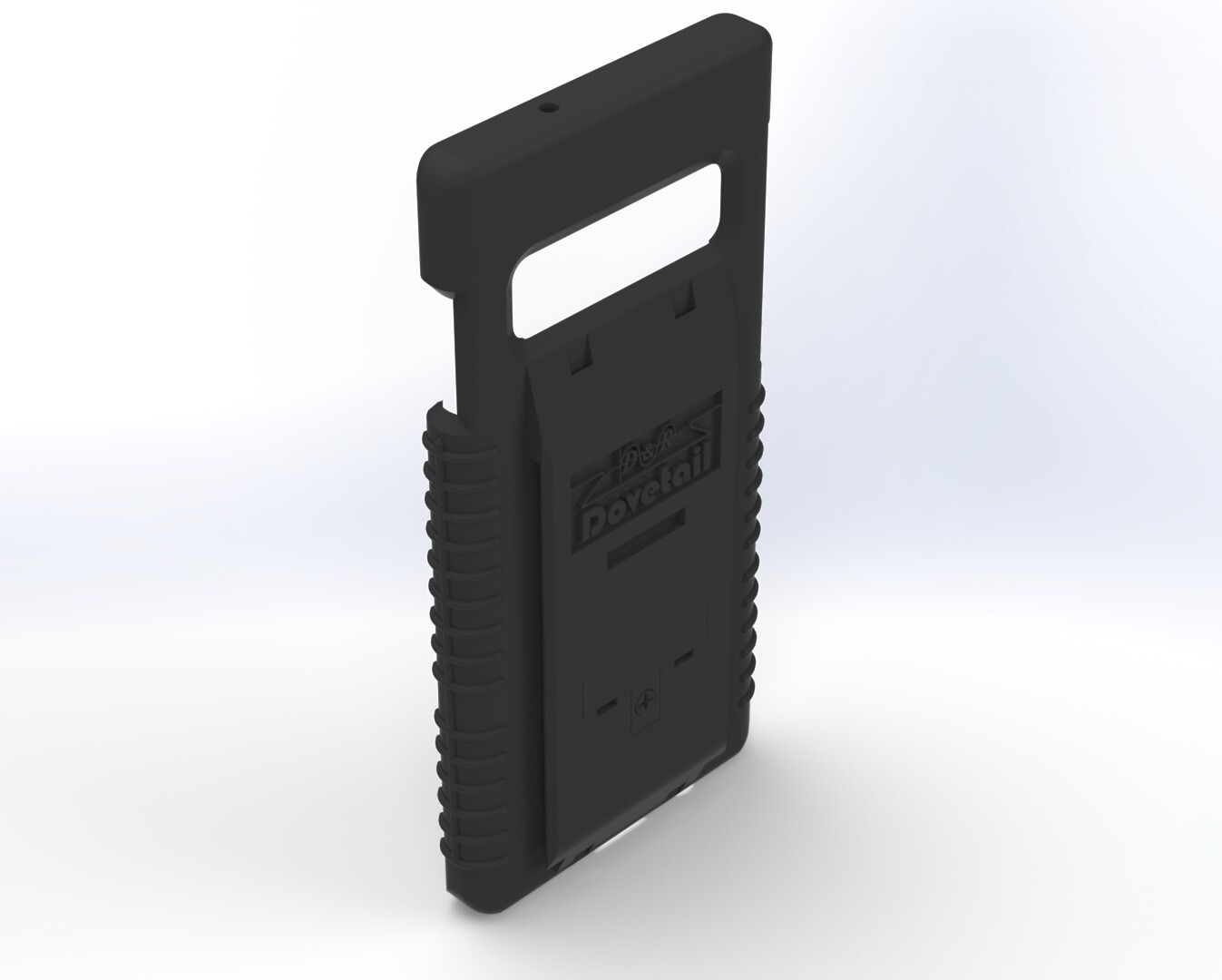 Empty S10 case angled from the rear, ribbed side grips and the camera bar opening left clear