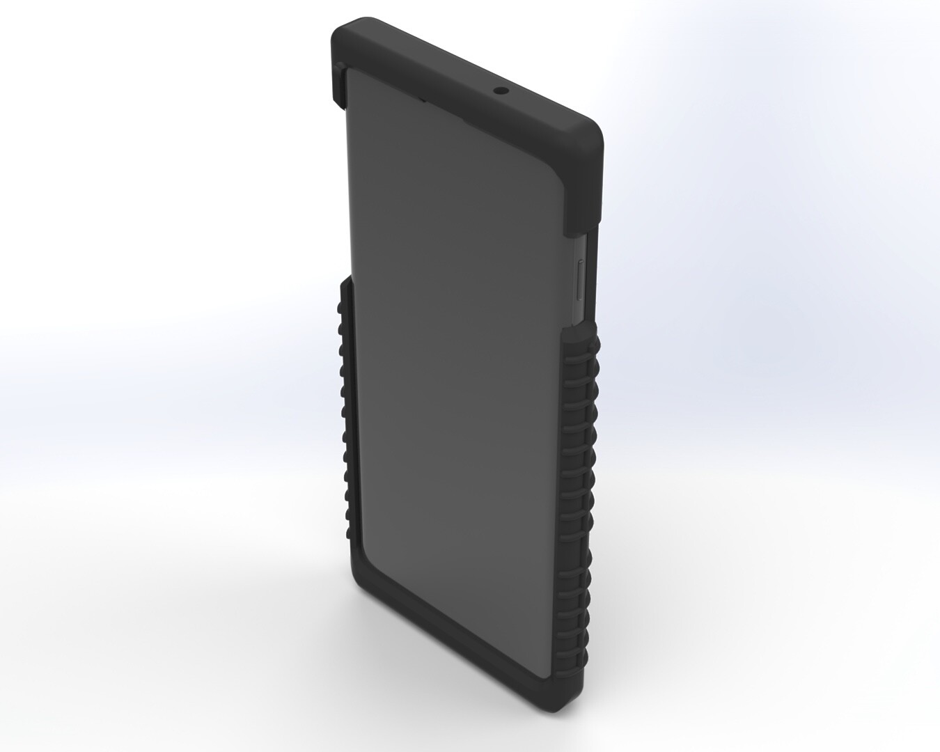 Front of the assembled case with the phone fitted, screen edges protected by the ribbed bumper