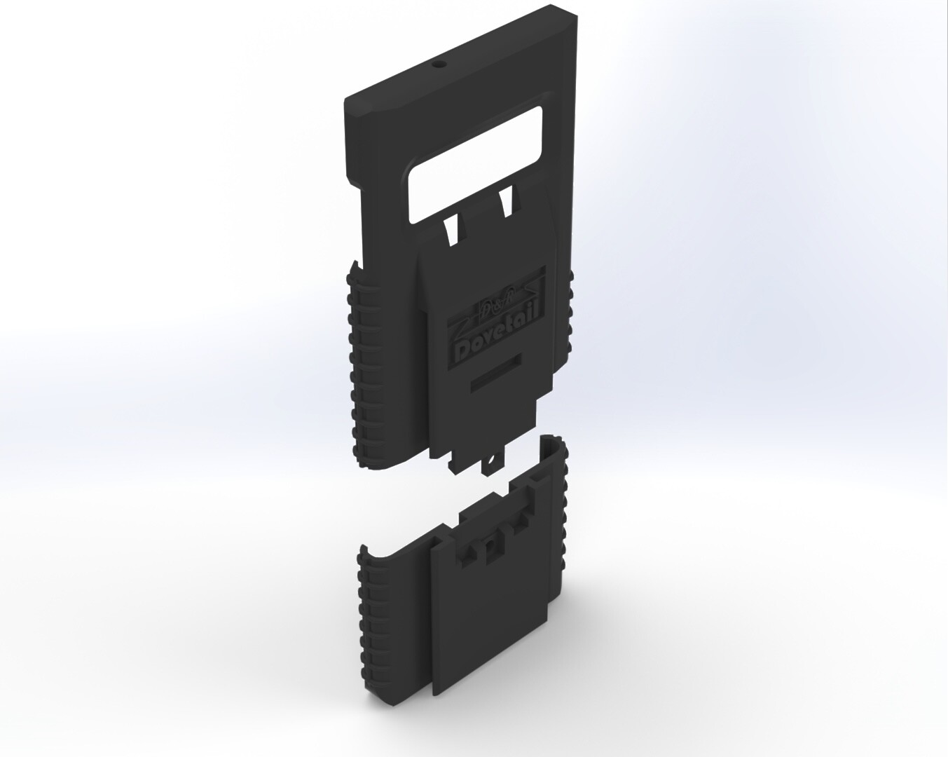 Exploded render showing the case shell separating from its sliding lower end cap
