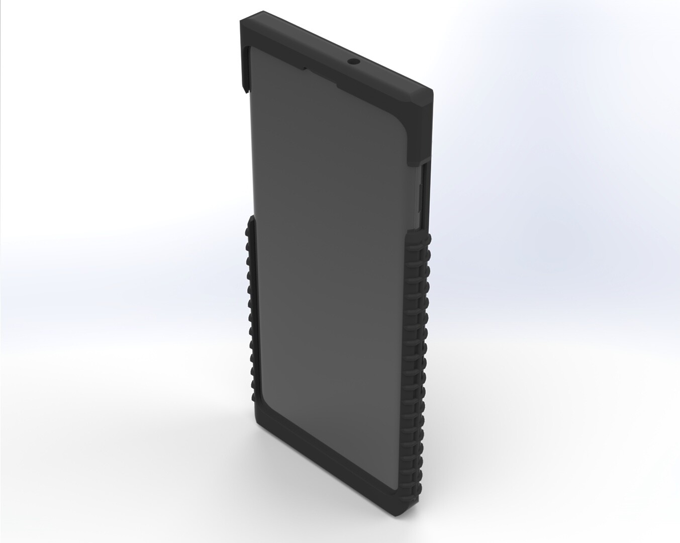 Handset seated in the case, front three-quarter view with the screen and side grip ridges visible