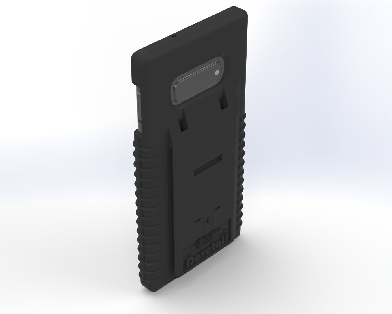 Galaxy S10e in the case with its horizontal camera bar showing through the rear opening