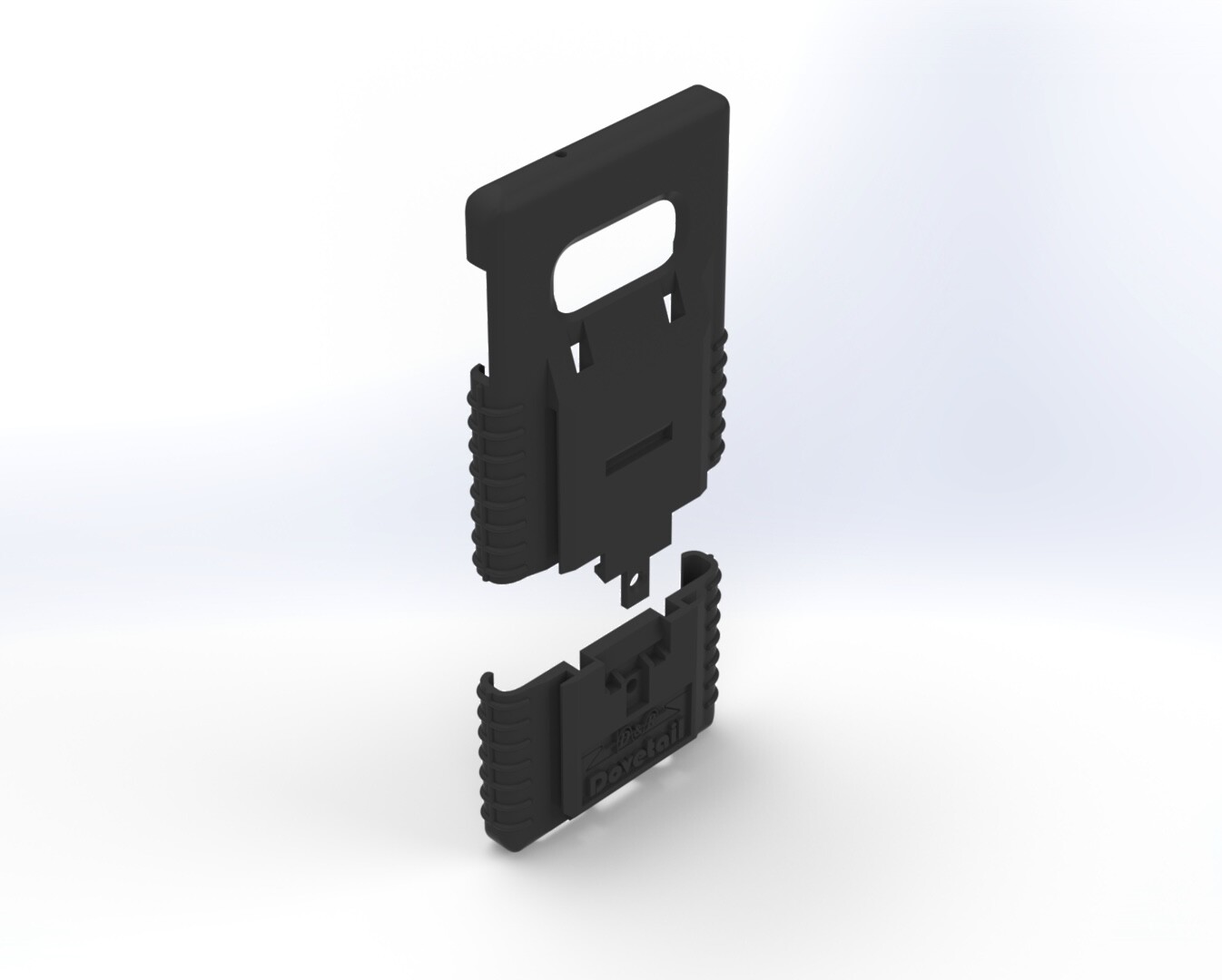 Two-piece S10e case separated, main shell above the slide-on bottom section, rear angle