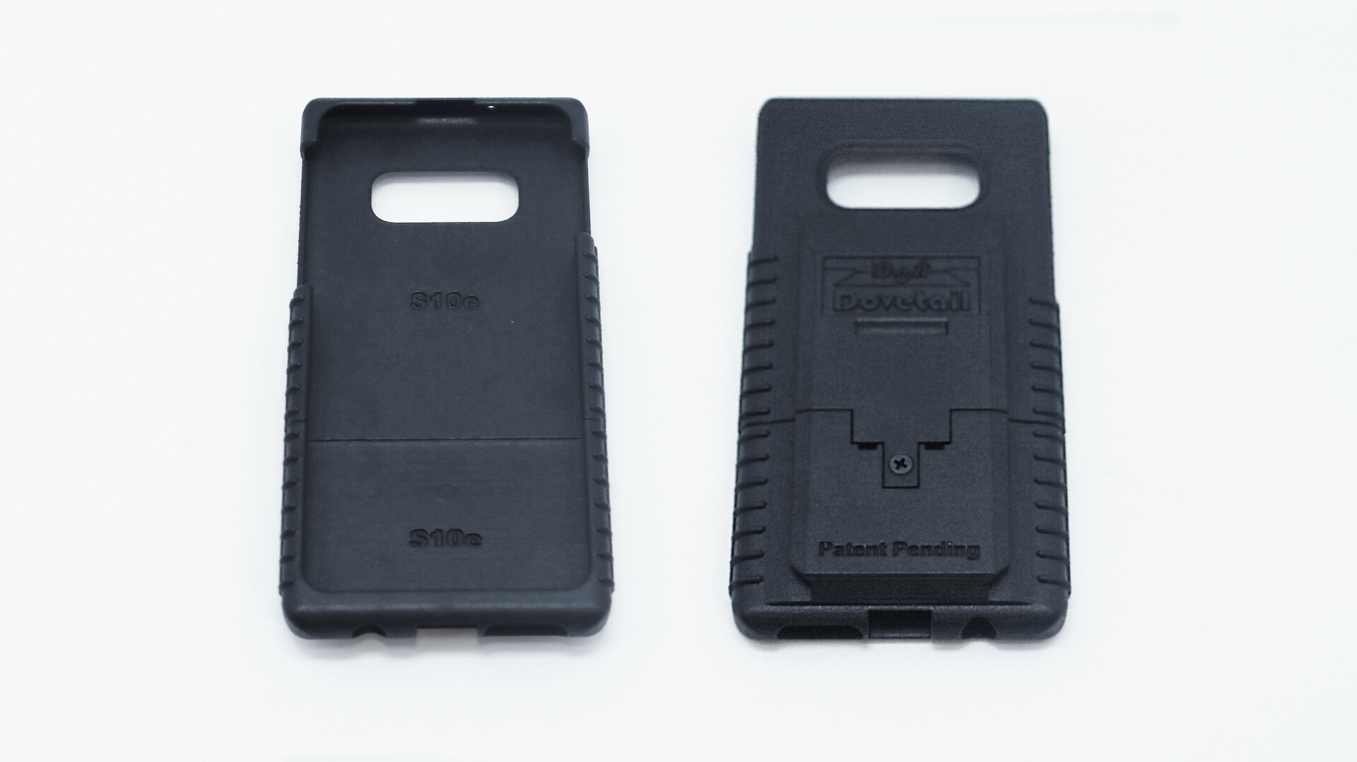 Two S10e cases side by side, one turned inside up and embossed S10e, the other marked Patent Pending
