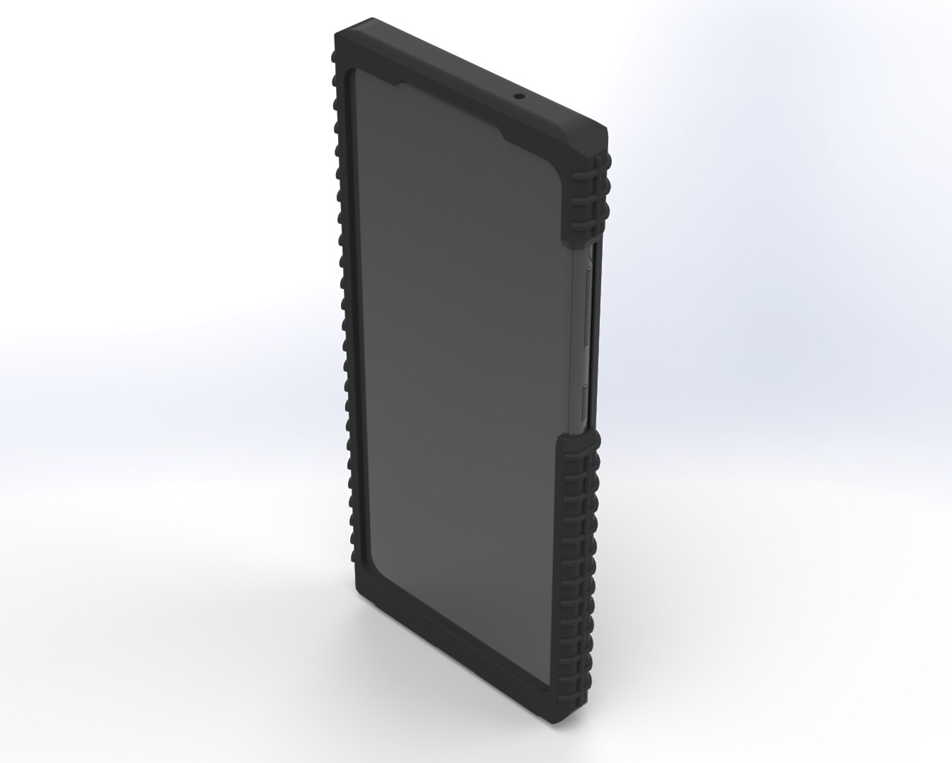 Front of the assembled case with the phone fitted, dark screen inside the ribbed black bumper