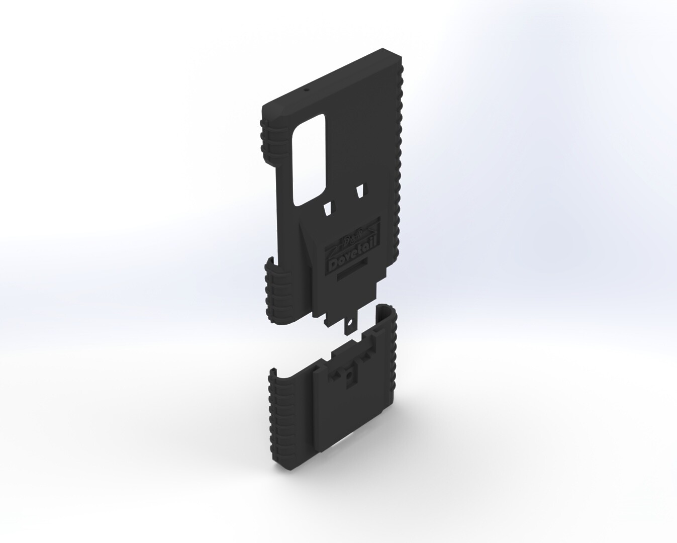 Two-piece S20Fe case separated, main shell floating above the slide-on bottom section, rear angle