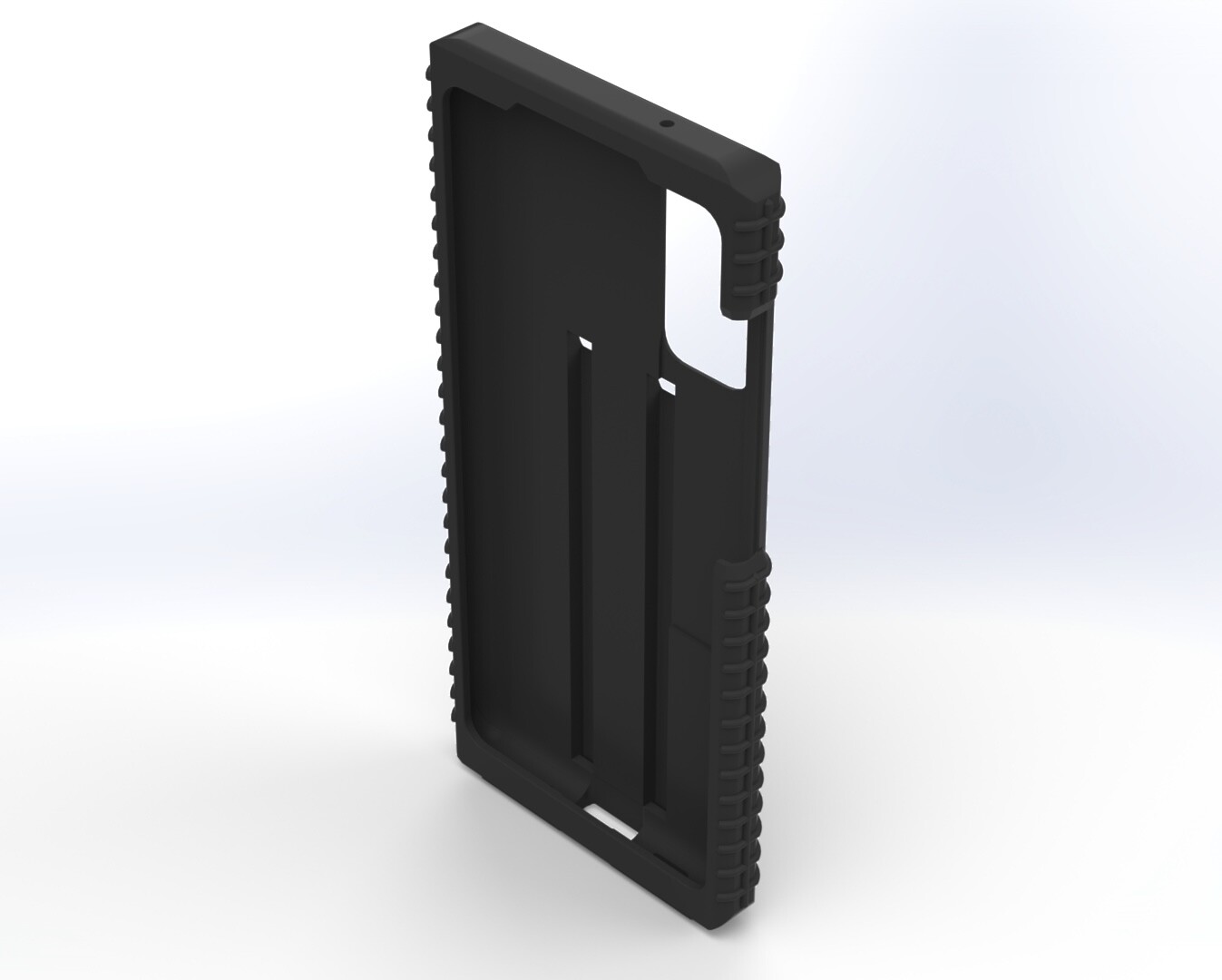 Angled look into the empty shell, ribbed corner grips and the two long dock slots in view
