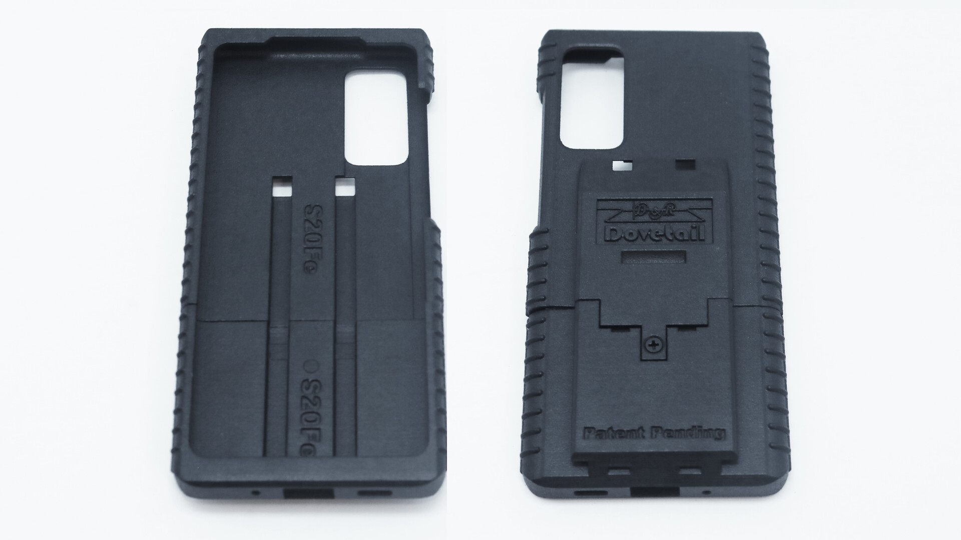 Two S20Fe cases side by side, one turned inside up and embossed S20Fe, the other marked Patent Pending