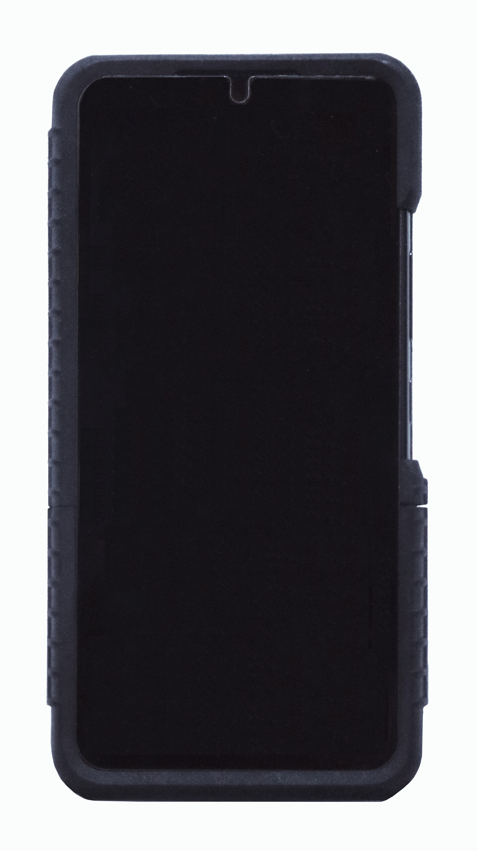 Front of the finished case photographed flat, black screen surround and textured side edges