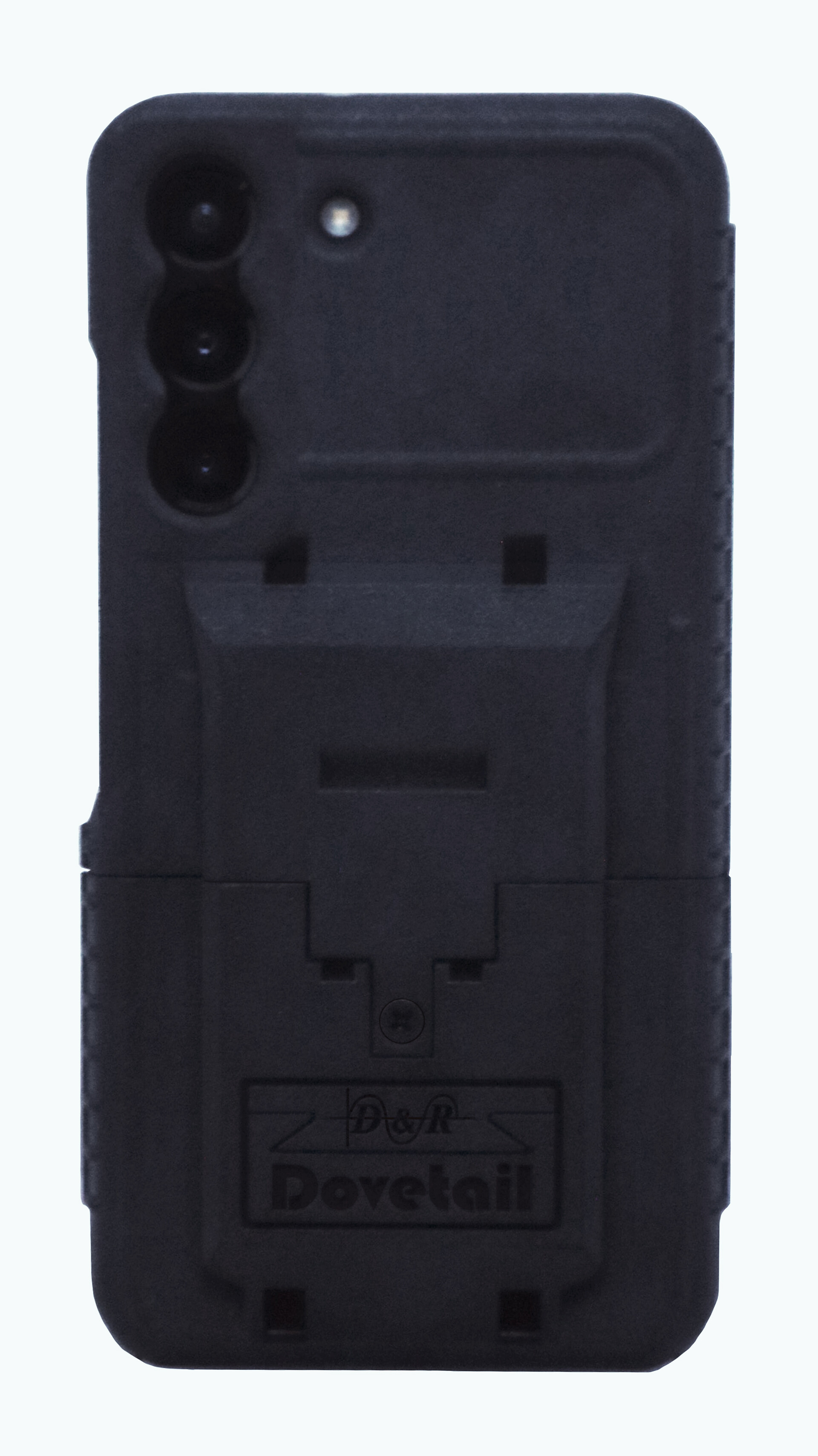 Assembled case photographed from the back, camera cut-outs and D&R Dovetail logo on the plate
