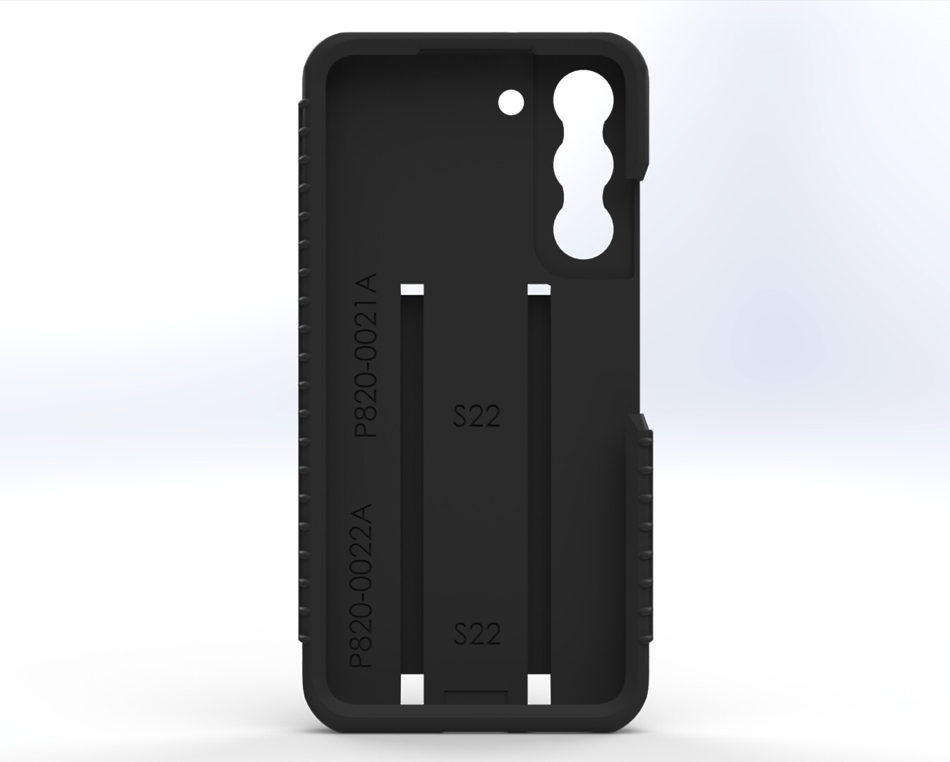 Straight-on view of the case interior, moulded part numbers P820-0021A and P820-0022A beside S22