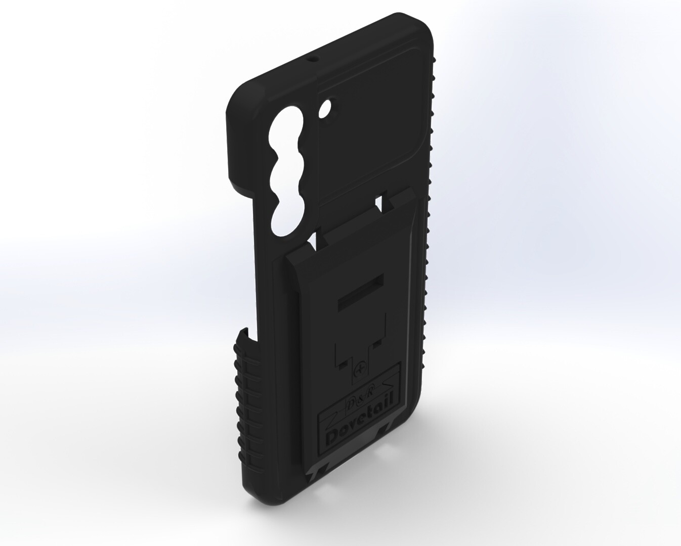 Angled rear view of the black two-piece case showing the raised dock plate and side grip ribs