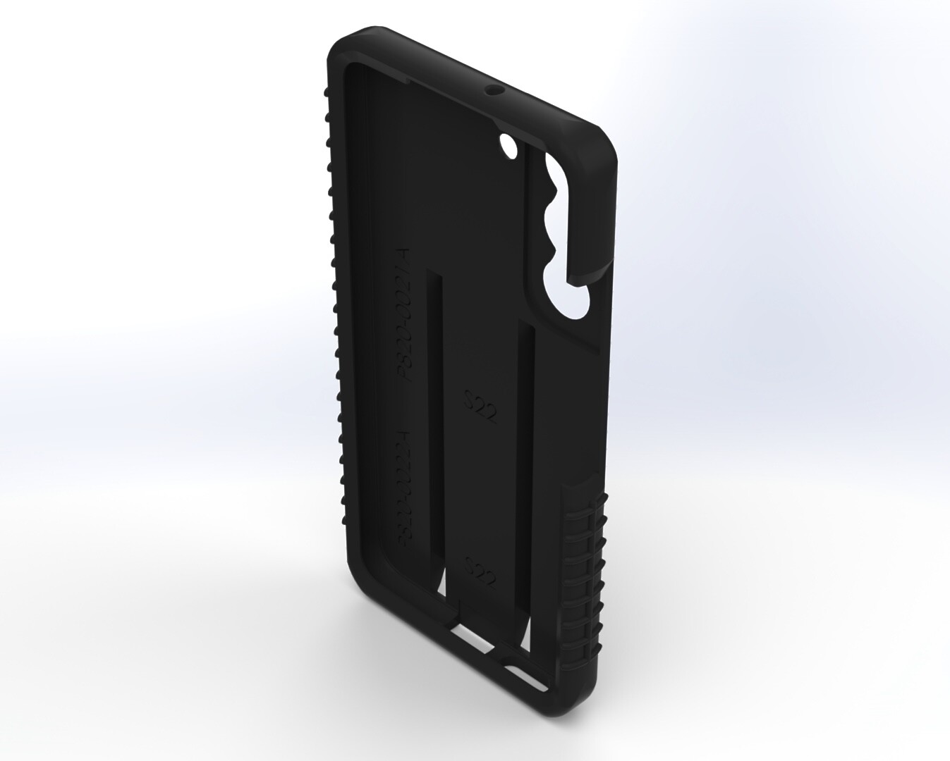 Tilted look inside the empty case with moulded S22 and Patent Pending markings on the back wall