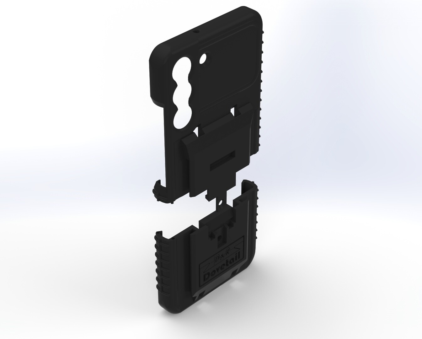 S22 case separated into its two halves, upper shell floating above the ribbed lower section