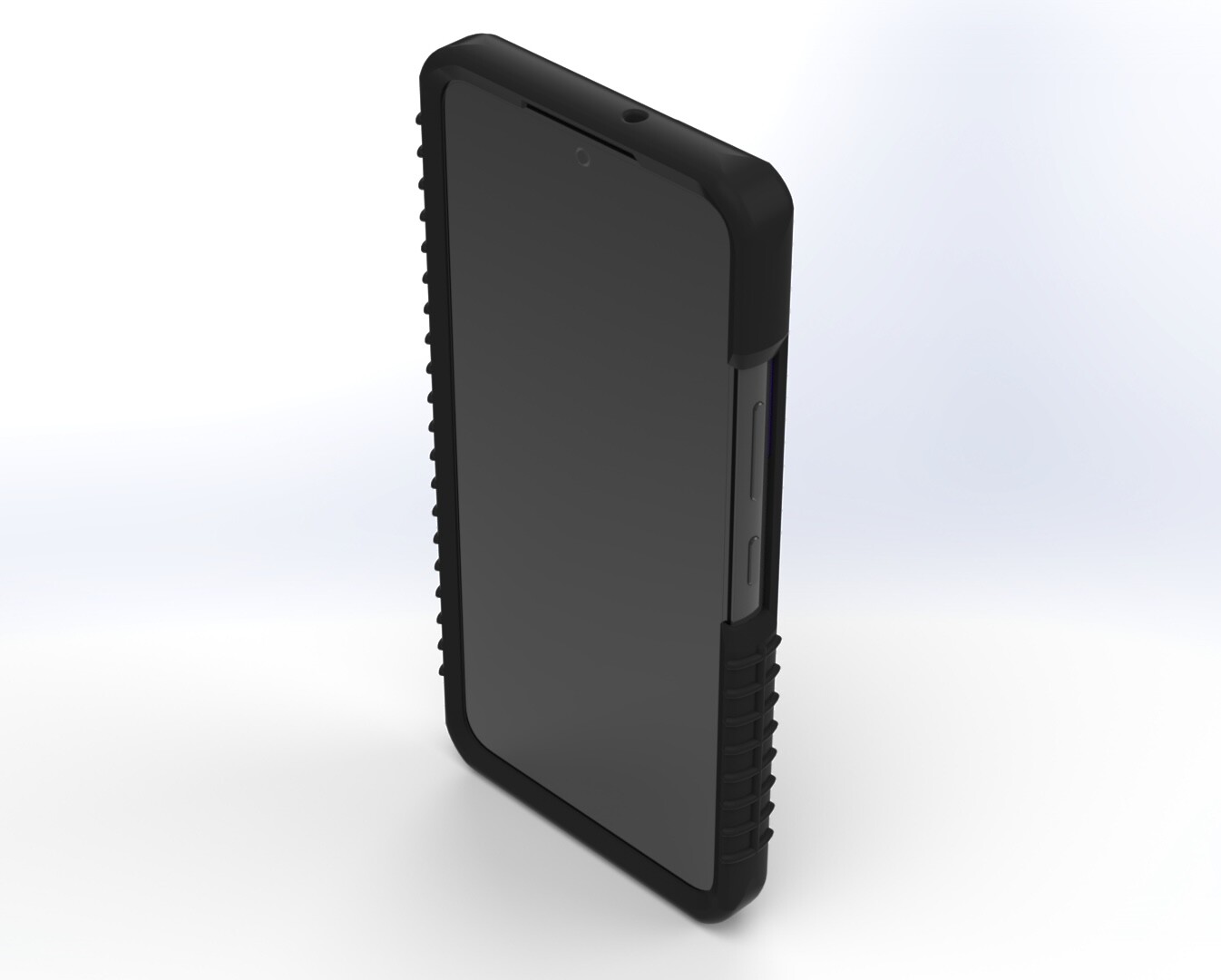 Front three-quarter view of the cased phone, dark screen and side buttons inside the raised bezel