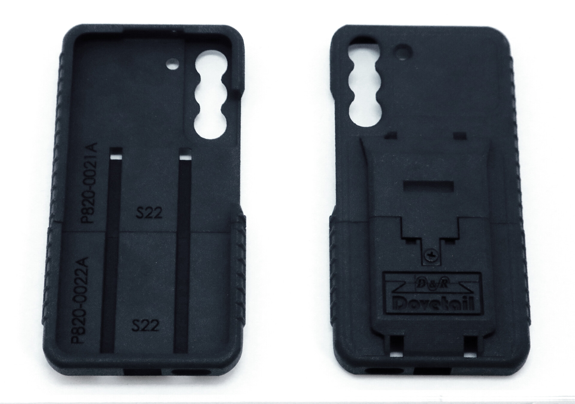 Both halves side by side: inside marked P820-0021A and P820-0022A, outside carries the logo
