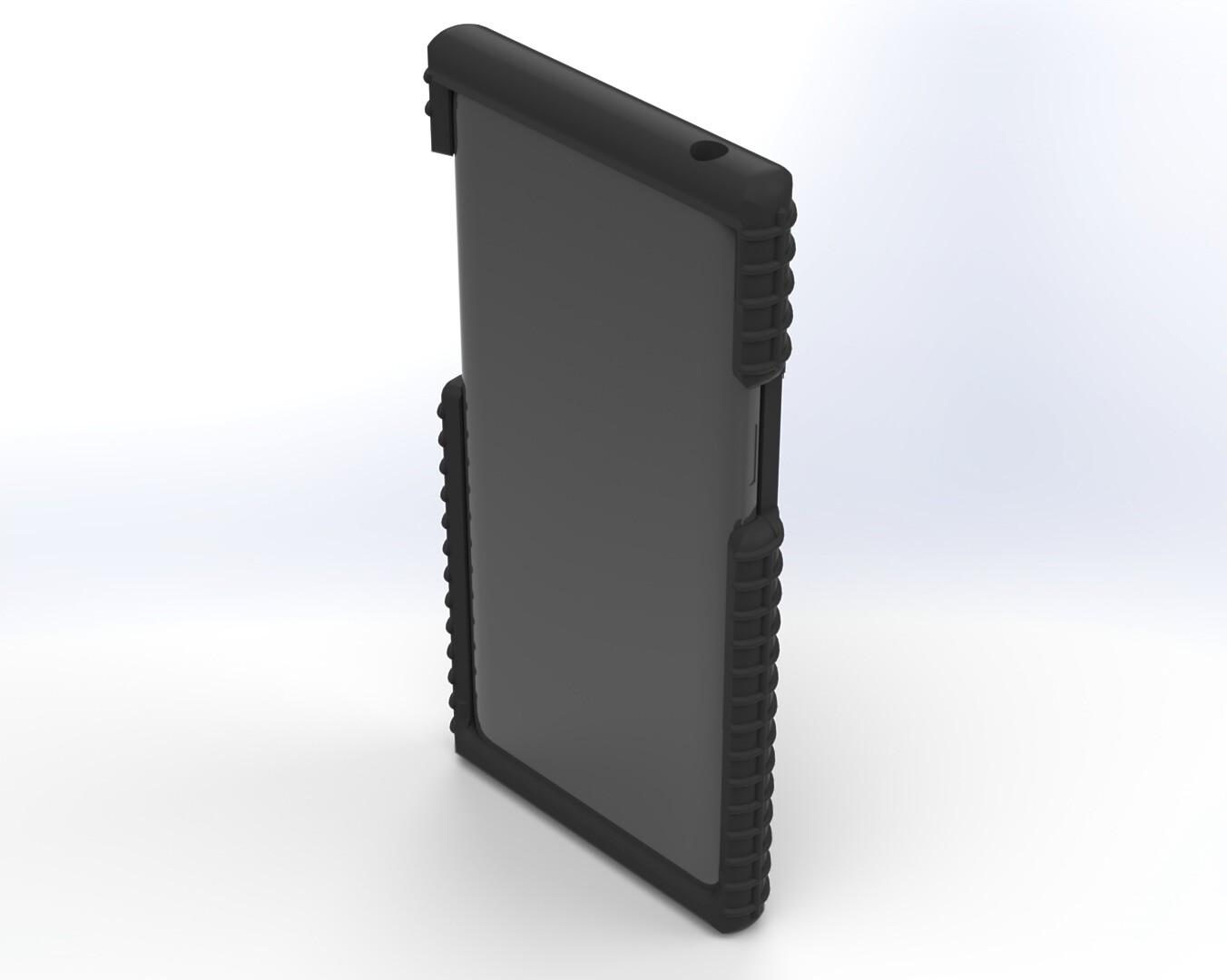 Front of the assembled case with the phone installed, dark screen framed by ribbed black bumpers
