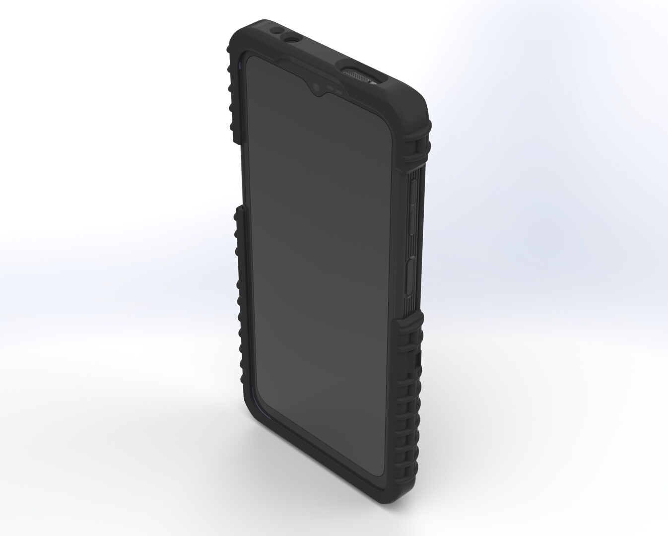 Front three-quarter of the empty case showing the screen opening and thick corner bumpers