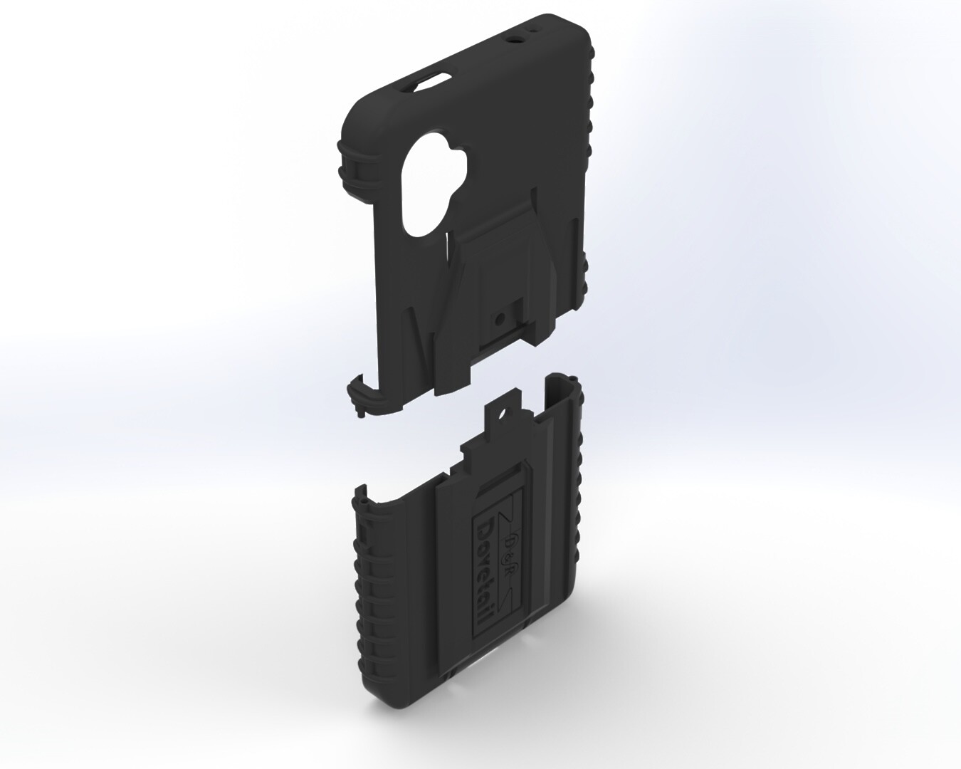 Exploded render with the upper case shell lifted clear of the lower dock plate section