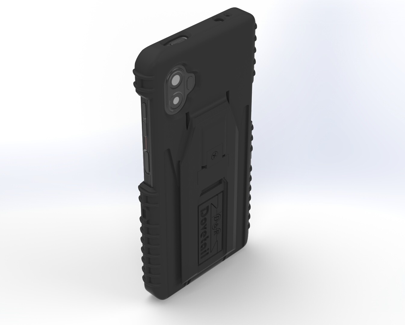 Rear three-quarter of the case fitted to the phone, dual camera cut-out and side buttons clear