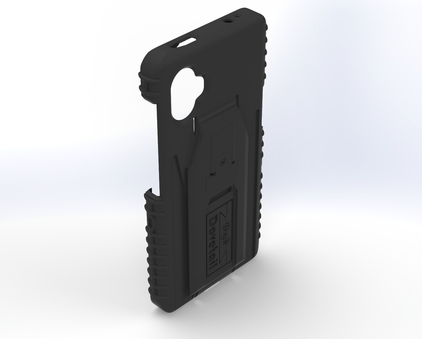 Angled rear of the XC6 Pro case showing ribbed side grips and the raised dock plate