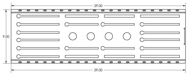 Dimensioned top view of the 29 by 9 inch floor plate showing the slot and bolt-hole pattern