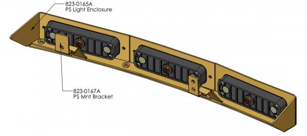 Labelled drawing: 823-0165A PS Light Enclosure and 823-0167A PS Mnt Bracket holding three LED modules