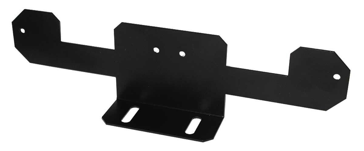 Wider flat mounting bracket option, angled view showing end tabs, centre screw holes and slotted foot