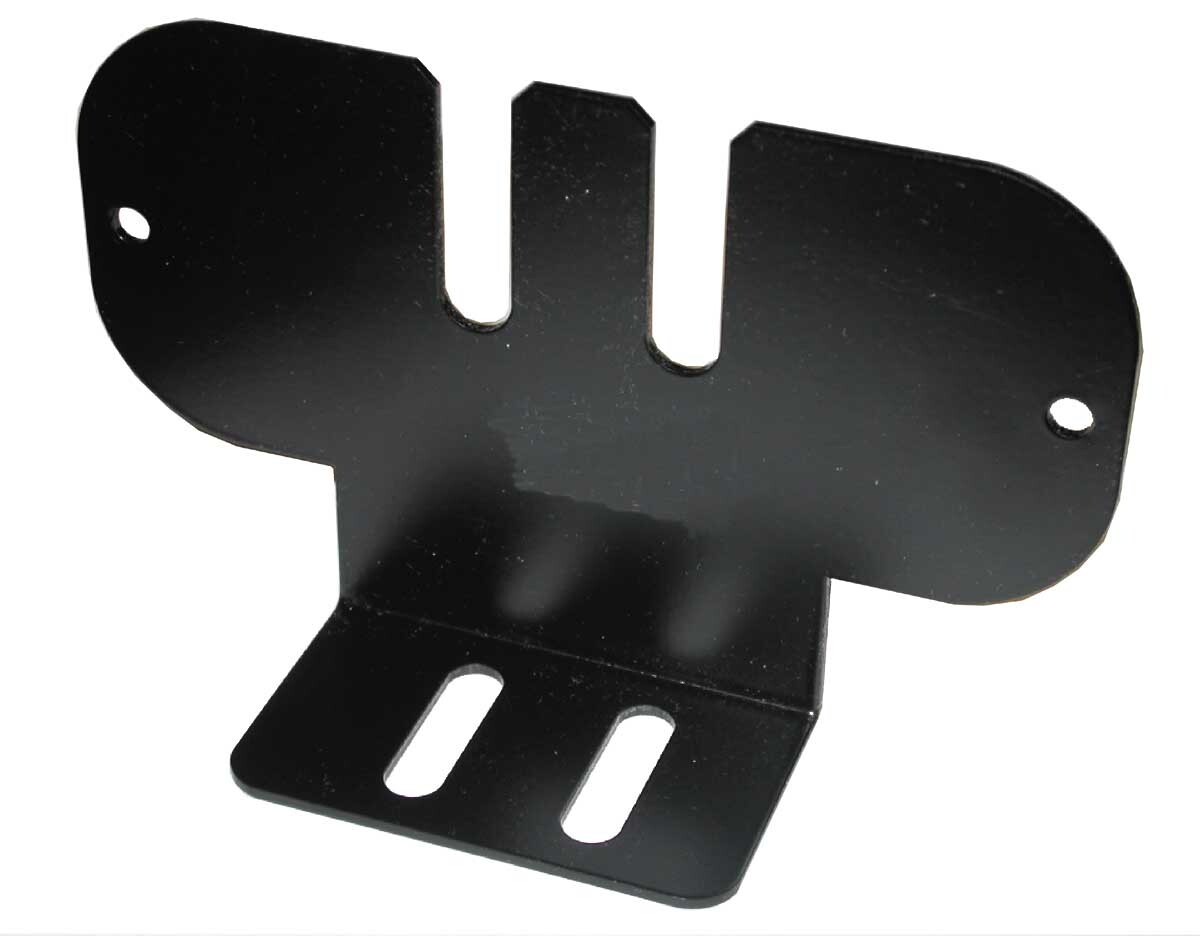 Black steel L-bracket for the LED module, with a slotted base and notched cut-outs in the face