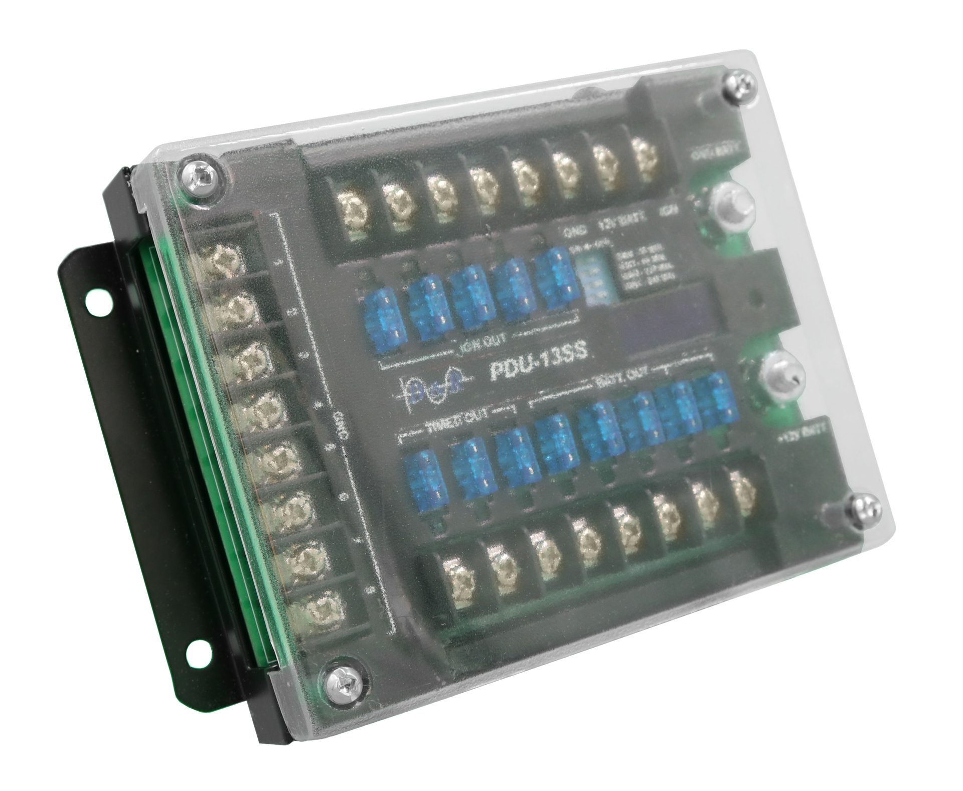 Clear cover over the fuse rows, with the GND BATT. and +12V BATT. stud posts at the right side