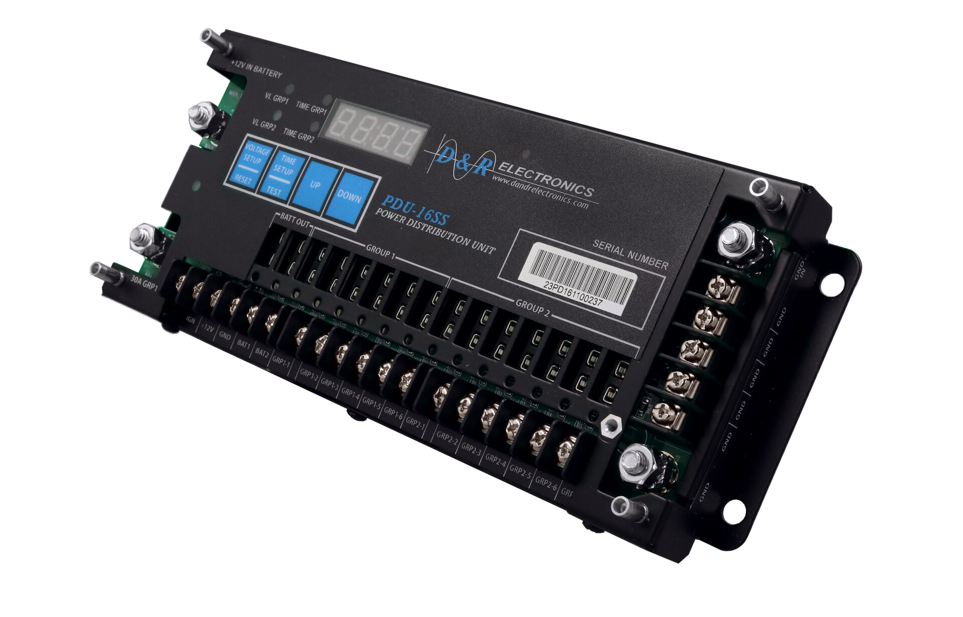 Angled from the opposite end, showing the full run of numbered screw terminals and battery stud posts