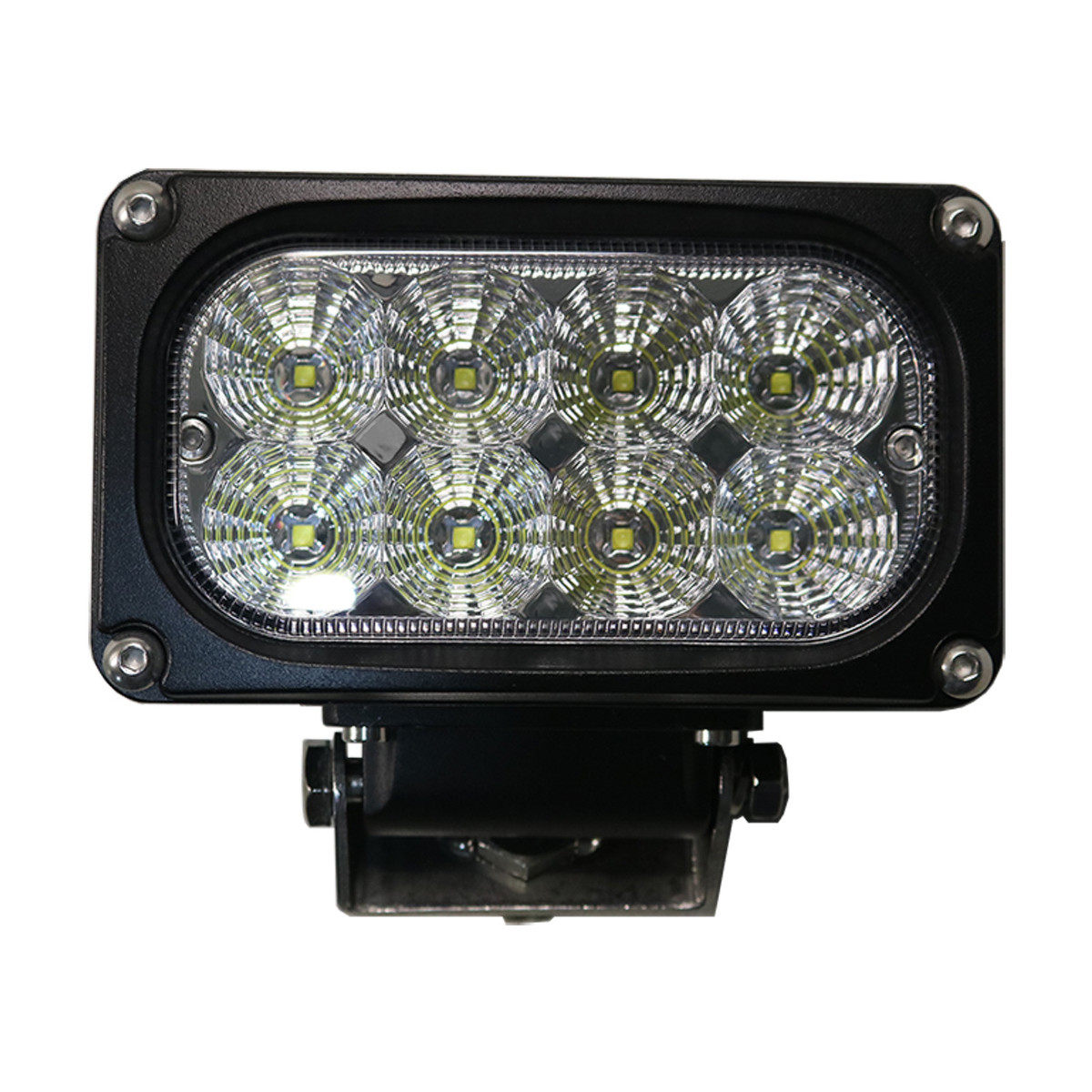 Straight-on view of the rectangular lamp face with eight LEDs set in faceted clear optics